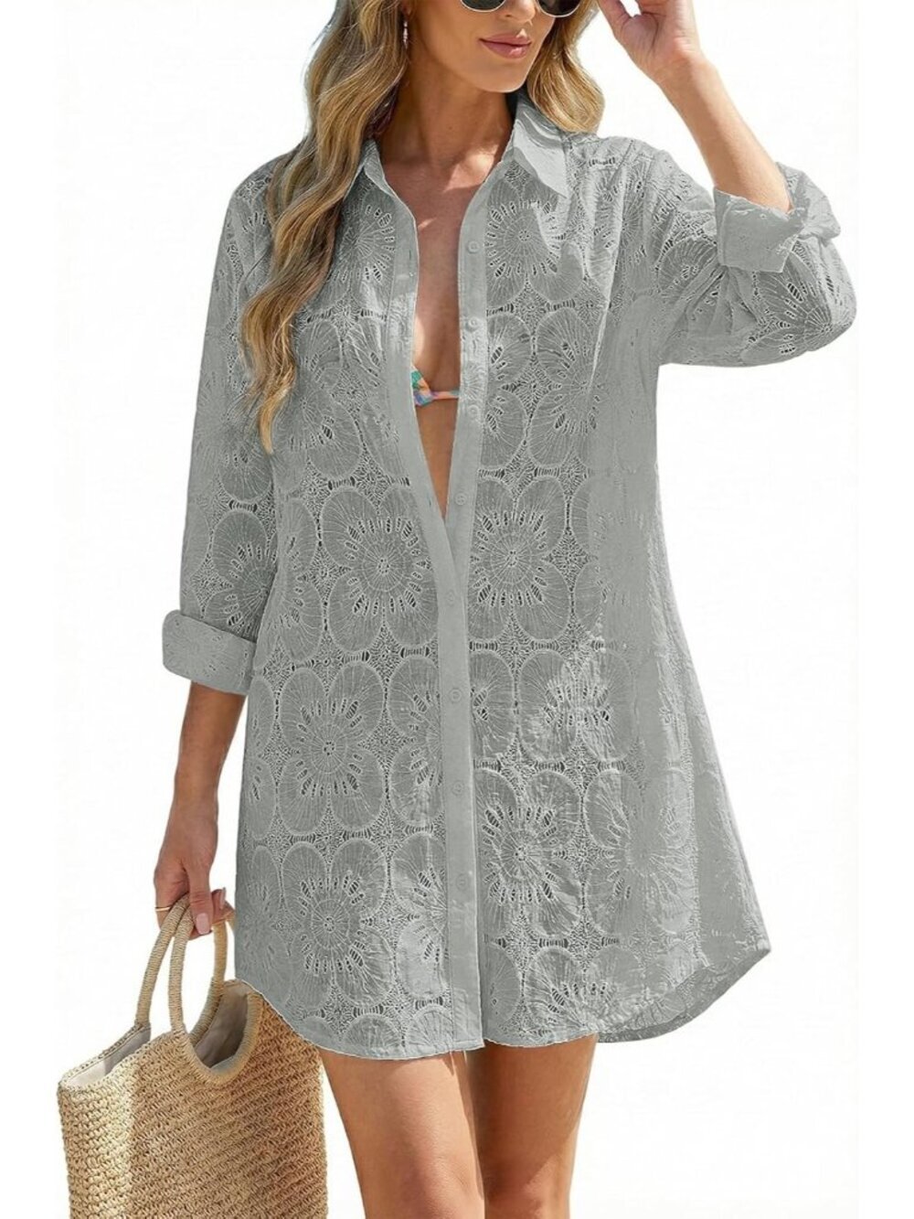 Women's Light Grey Blouse Eyelet Bathing Suit Button Down Swimsuit Cover Up